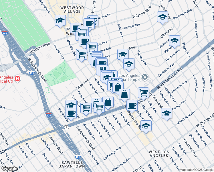 map of restaurants, bars, coffee shops, grocery stores, and more near 1561 Westwood Boulevard in Los Angeles