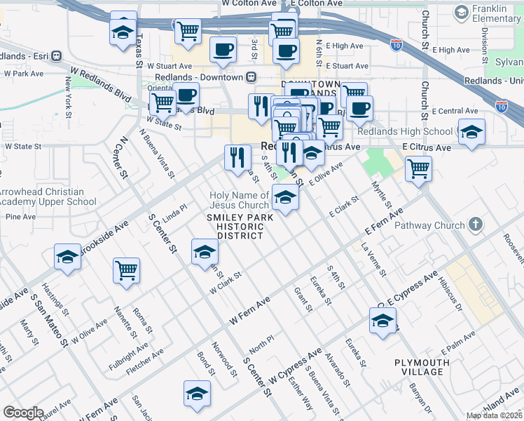 map of restaurants, bars, coffee shops, grocery stores, and more near 129 Grant Street in Redlands