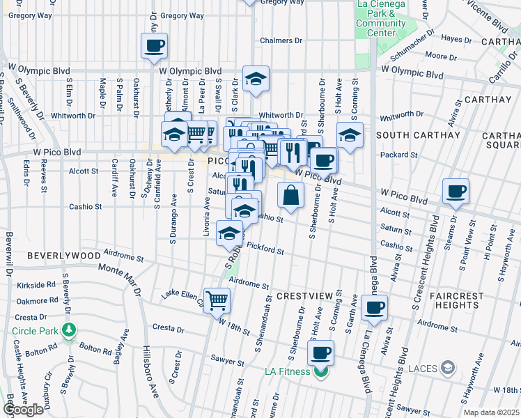 map of restaurants, bars, coffee shops, grocery stores, and more near 1455 South Wooster Street in Los Angeles