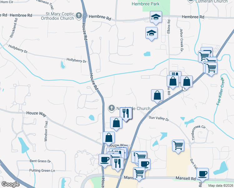 map of restaurants, bars, coffee shops, grocery stores, and more near 11205 Hembree Springs Dr in Roswell