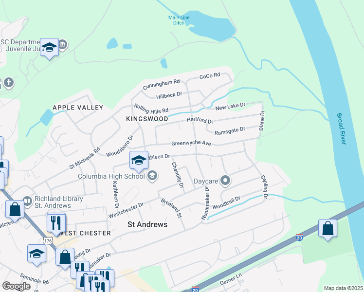 map of restaurants, bars, coffee shops, grocery stores, and more near 1937 Greenwyche Avenue in Columbia