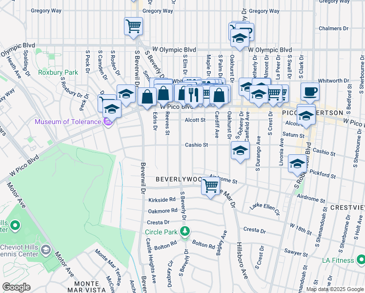 map of restaurants, bars, coffee shops, grocery stores, and more near 1500 South Beverly Drive in Los Angeles