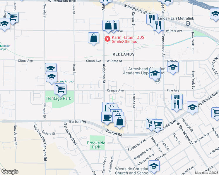 map of restaurants, bars, coffee shops, grocery stores, and more near in Redlands