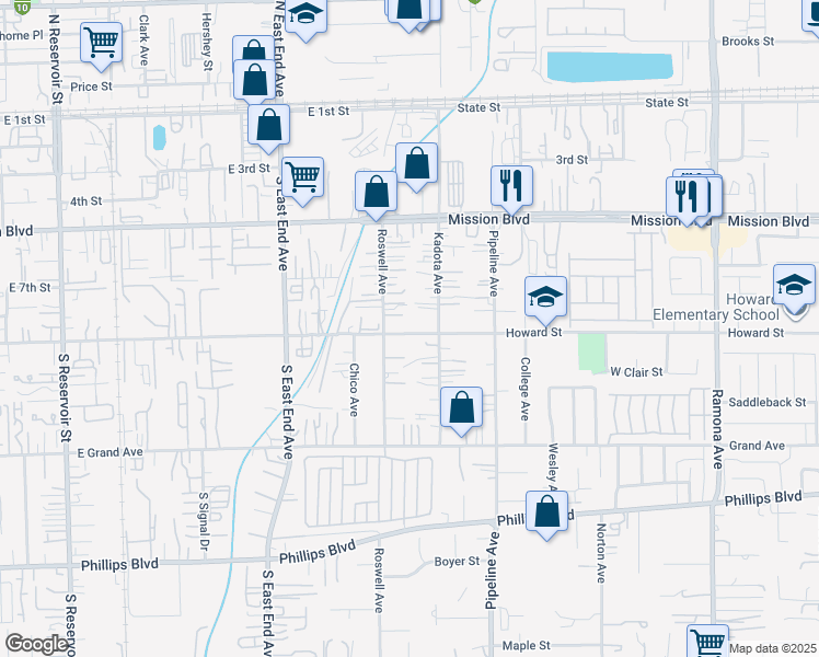 map of restaurants, bars, coffee shops, grocery stores, and more near 3944 East 9th Street in Pomona