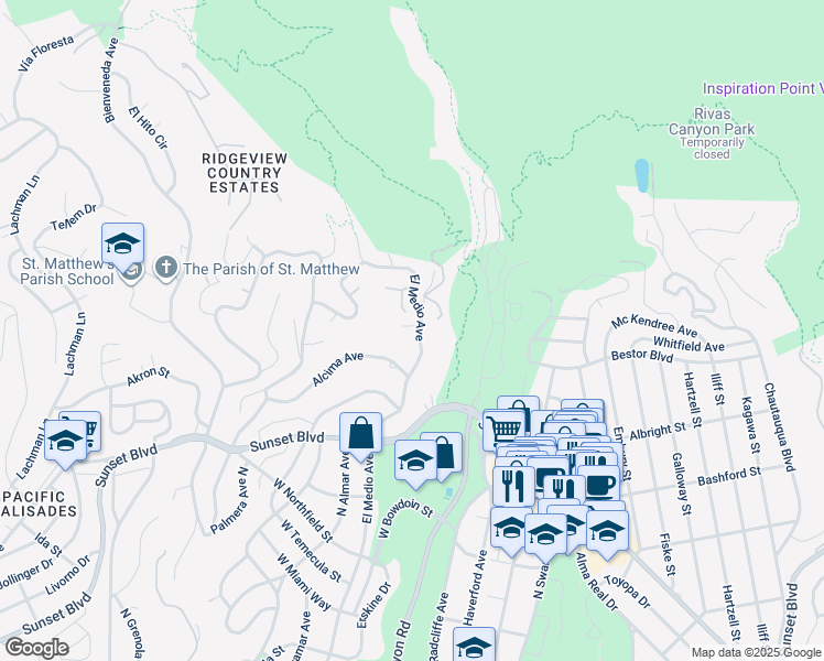 map of restaurants, bars, coffee shops, grocery stores, and more near 1051 El Medio Avenue in Los Angeles