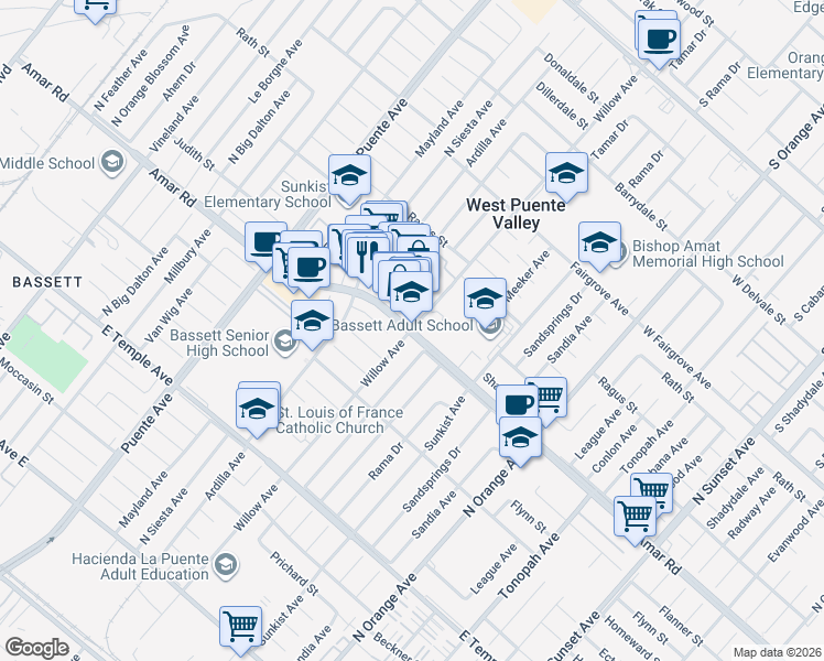 map of restaurants, bars, coffee shops, grocery stores, and more near Amar Road & Willow Avenue in La Puente