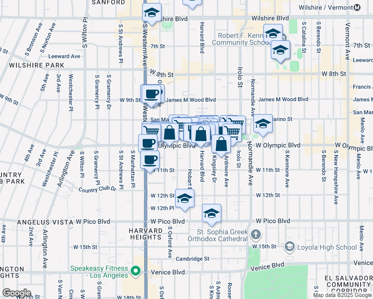 map of restaurants, bars, coffee shops, grocery stores, and more near 955 South Harvard Boulevard in Los Angeles