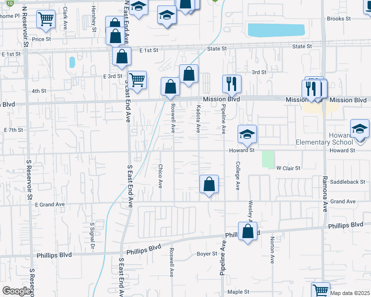 map of restaurants, bars, coffee shops, grocery stores, and more near 3944 East 9th Street in Pomona