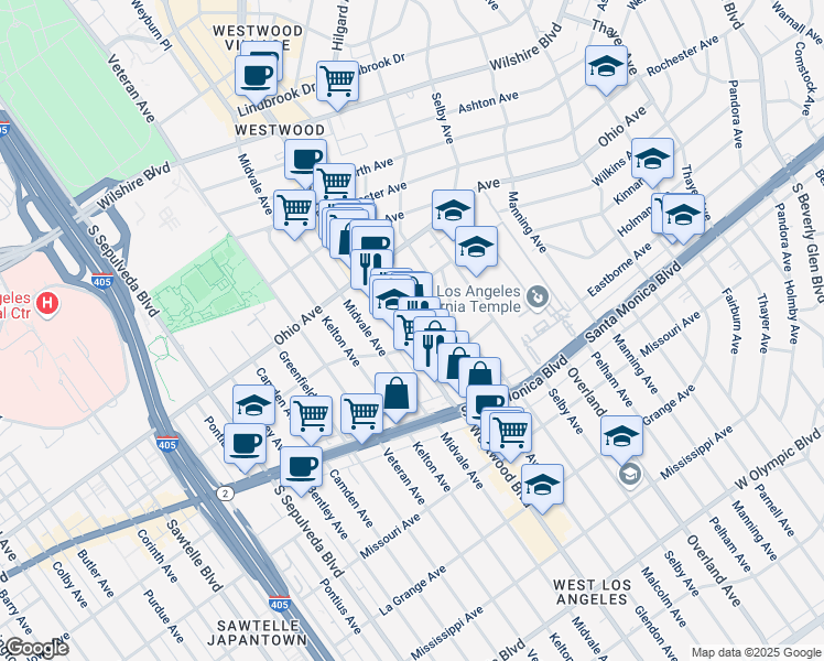 map of restaurants, bars, coffee shops, grocery stores, and more near 10838 Holman Avenue in Los Angeles