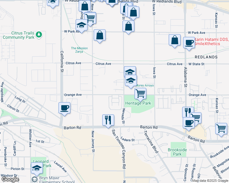 map of restaurants, bars, coffee shops, grocery stores, and more near 1910 Orange Avenue in Redlands