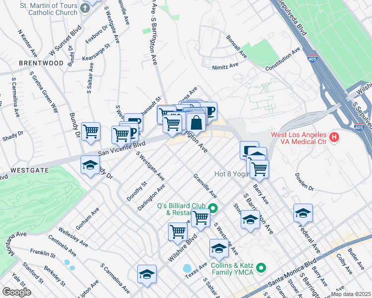 map of restaurants, bars, coffee shops, grocery stores, and more near 11705 Dorothy Street in Los Angeles