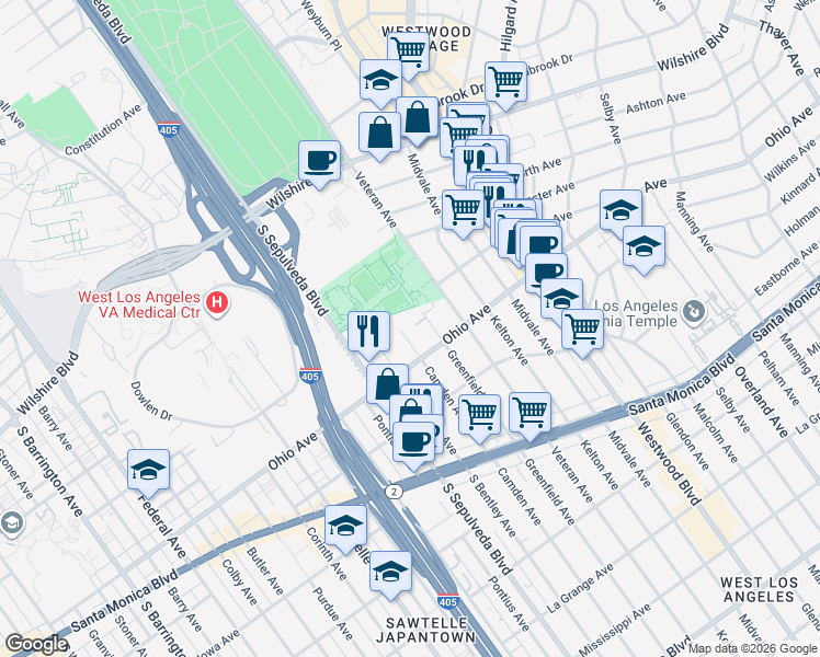 map of restaurants, bars, coffee shops, grocery stores, and more near 1400 Camden Avenue in Los Angeles