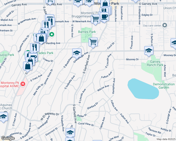 map of restaurants, bars, coffee shops, grocery stores, and more near 756 South Garfield Avenue in Monterey Park