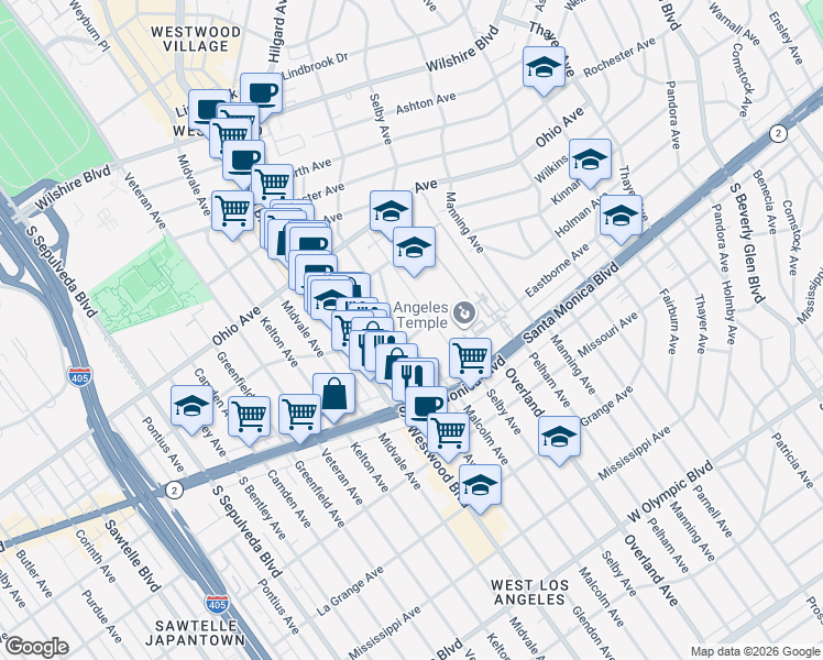 map of restaurants, bars, coffee shops, grocery stores, and more near 1646 Malcolm Avenue in Los Angeles