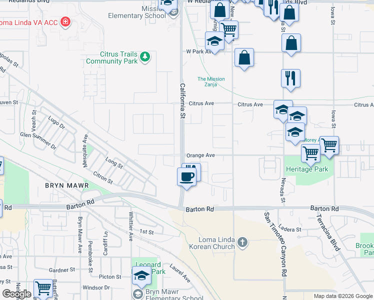 map of restaurants, bars, coffee shops, grocery stores, and more near 26520 Orange Avenue in Redlands