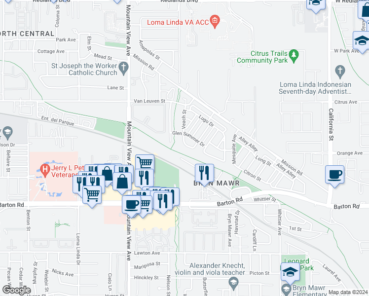 map of restaurants, bars, coffee shops, grocery stores, and more near 25929 Campo Cove in Loma Linda