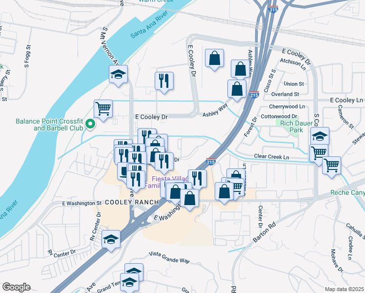map of restaurants, bars, coffee shops, grocery stores, and more near 1401 East Santo Antonio Drive in Colton