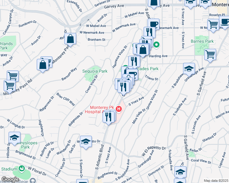 map of restaurants, bars, coffee shops, grocery stores, and more near 805 De La Fuente Street in Monterey Park