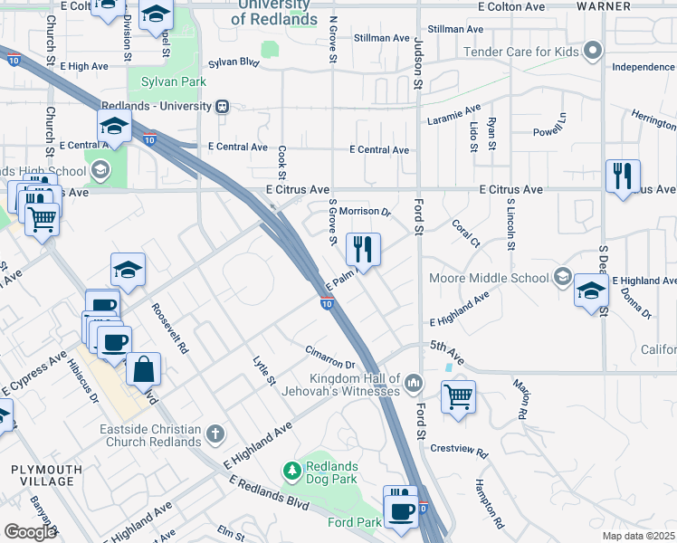 map of restaurants, bars, coffee shops, grocery stores, and more near 743 McAuliffe Court in Redlands