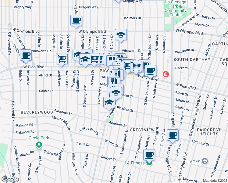 map of restaurants, bars, coffee shops, grocery stores, and more near 8816 Saturn Street in Los Angeles