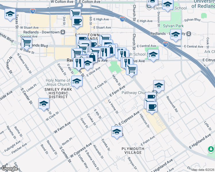 map of restaurants, bars, coffee shops, grocery stores, and more near 316 Sonora Street in Redlands