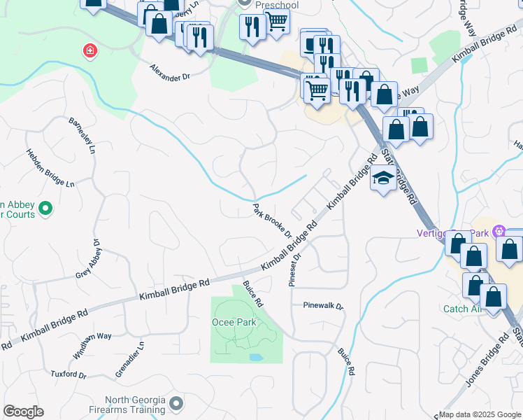 map of restaurants, bars, coffee shops, grocery stores, and more near 4185 Park Brooke Drive in Alpharetta