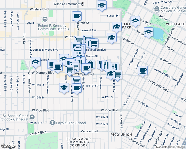 map of restaurants, bars, coffee shops, grocery stores, and more near West Olympic Boulevard & South Westmoreland Avenue in Los Angeles