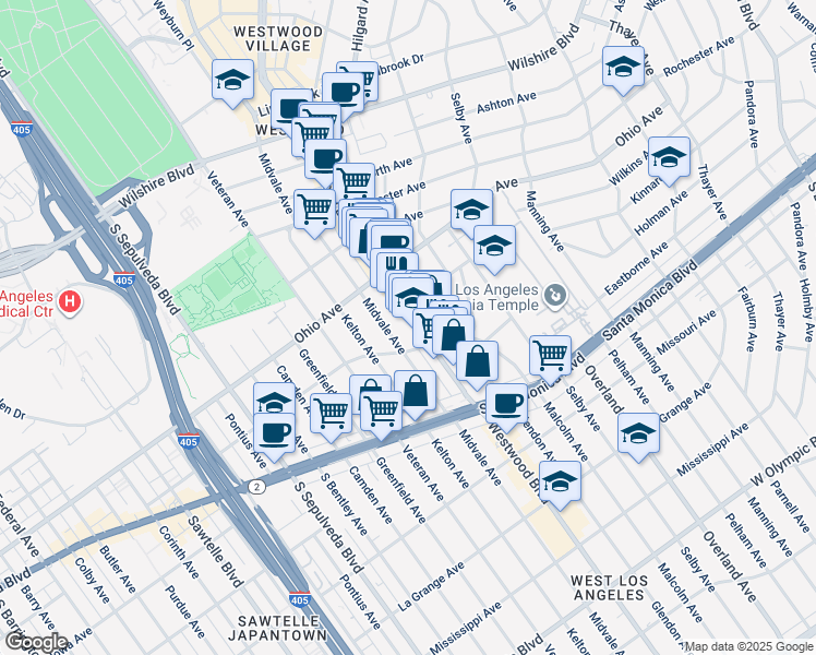 map of restaurants, bars, coffee shops, grocery stores, and more near 1561 Westwood Boulevard in Los Angeles