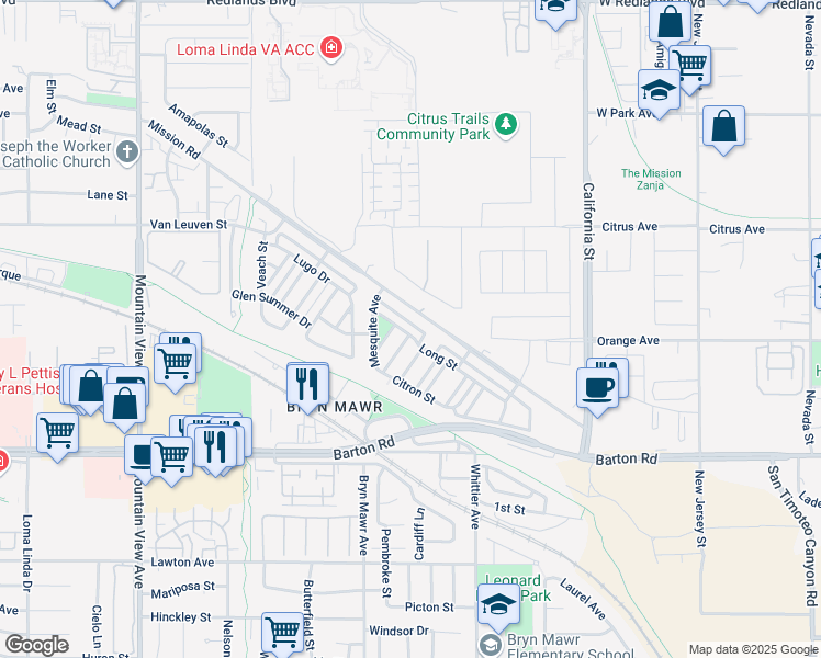 map of restaurants, bars, coffee shops, grocery stores, and more near 26182 Long Street in Loma Linda