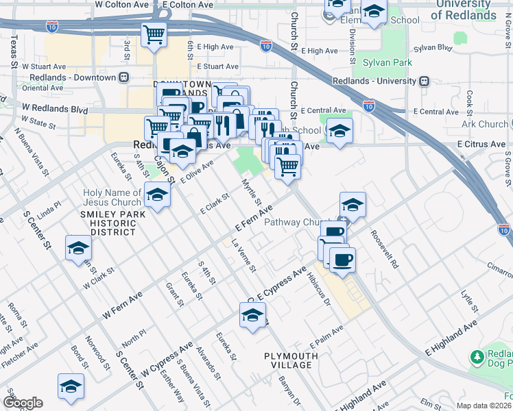 map of restaurants, bars, coffee shops, grocery stores, and more near 398 Myrtle Street in Redlands