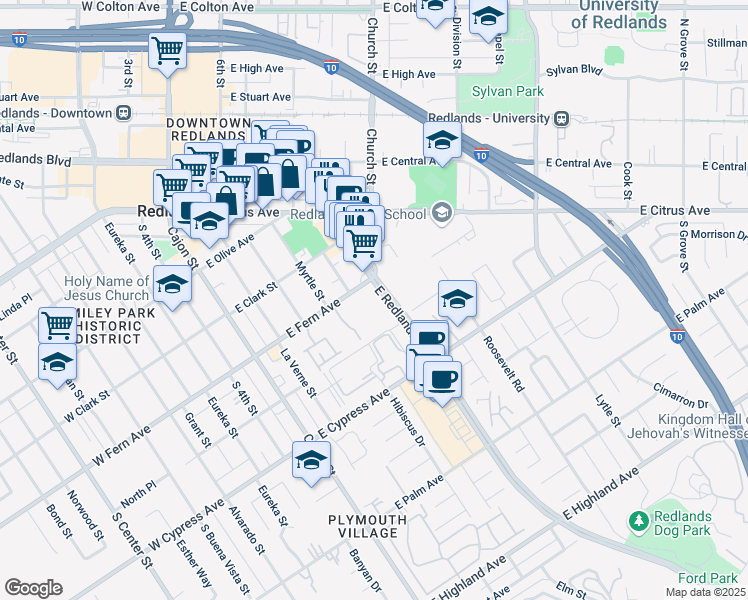 map of restaurants, bars, coffee shops, grocery stores, and more near 700 East Redlands Boulevard in Redlands