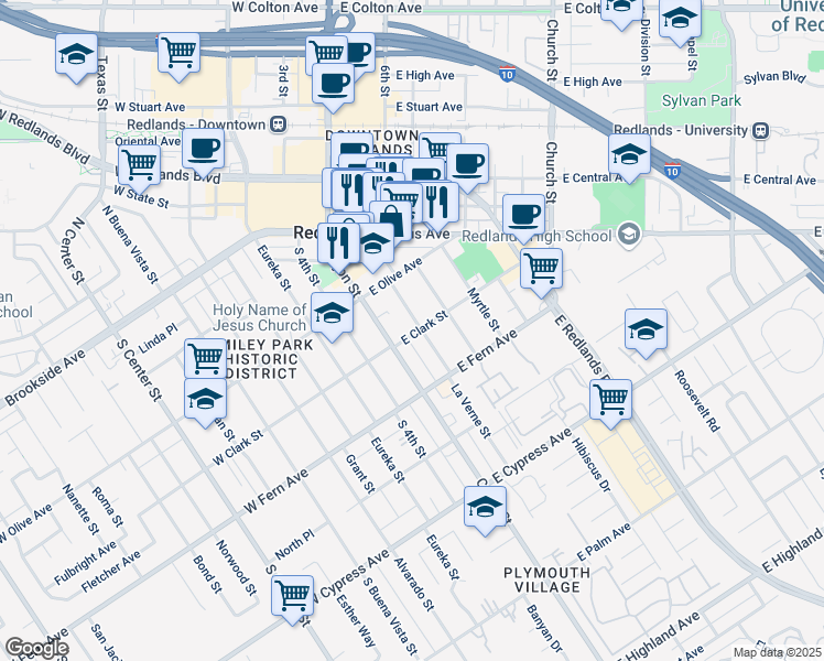 map of restaurants, bars, coffee shops, grocery stores, and more near 226 Nordina Street in Redlands