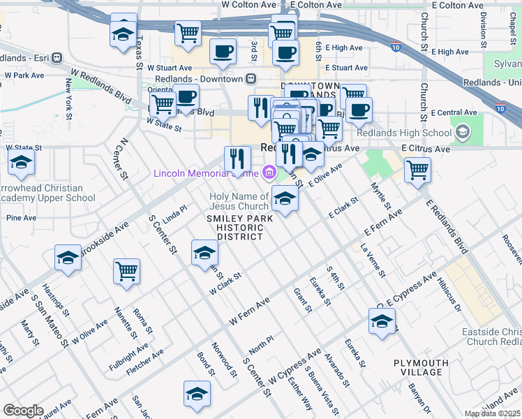 map of restaurants, bars, coffee shops, grocery stores, and more near 129 Grant Street in Redlands