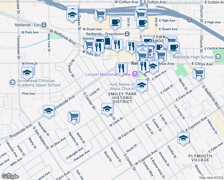 map of restaurants, bars, coffee shops, grocery stores, and more near 45 Parkwood Drive in Redlands