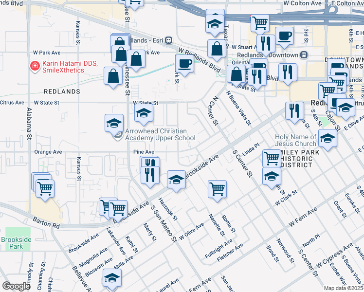 map of restaurants, bars, coffee shops, grocery stores, and more near 950 Pine Avenue in Redlands