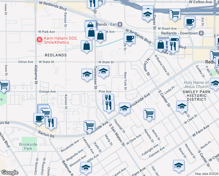 map of restaurants, bars, coffee shops, grocery stores, and more near 130 Tennessee Street in Redlands
