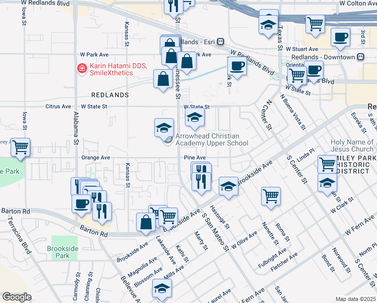 map of restaurants, bars, coffee shops, grocery stores, and more near 100 Tennessee Street in Redlands