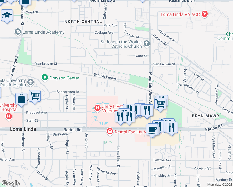 map of restaurants, bars, coffee shops, grocery stores, and more near 25461 Cole Street in Loma Linda