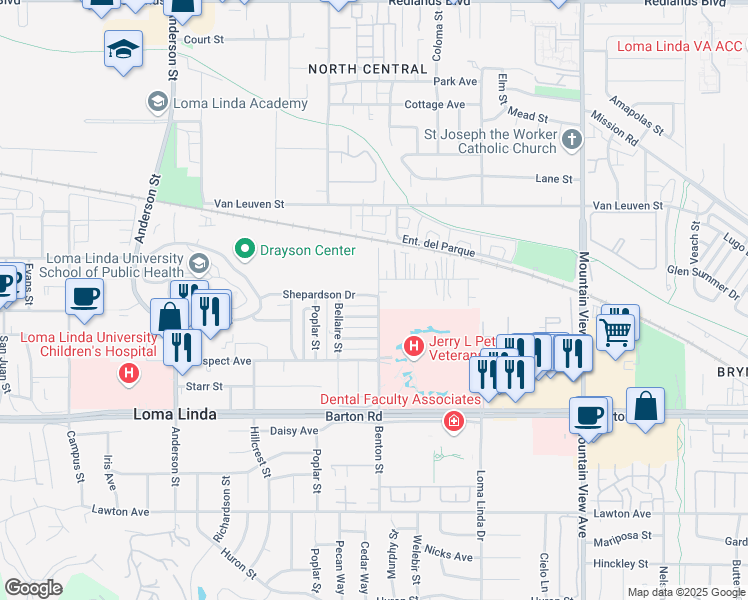 map of restaurants, bars, coffee shops, grocery stores, and more near 25322 Cole Street in Loma Linda