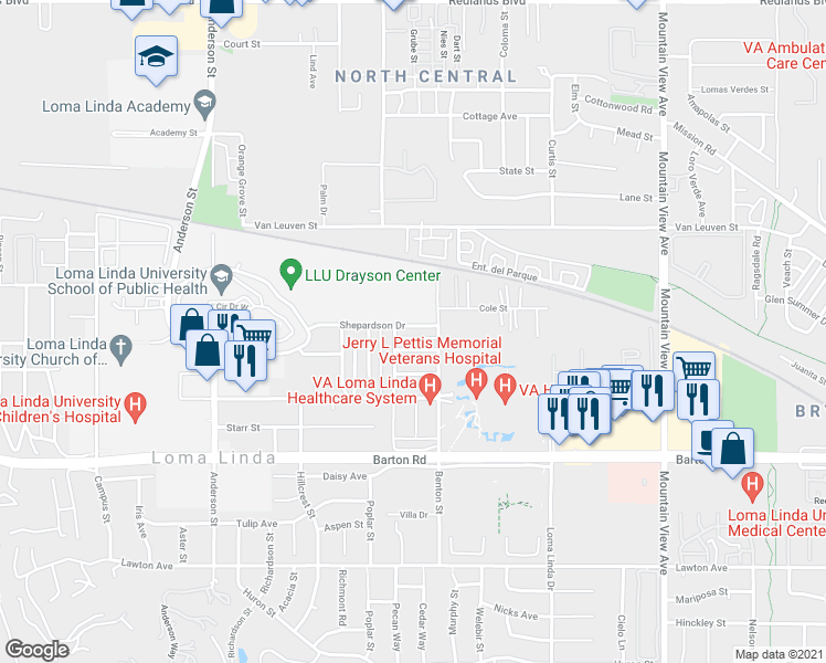 map of restaurants, bars, coffee shops, grocery stores, and more near 25228 Shepardson Drive in Loma Linda