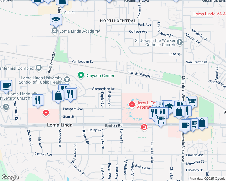 map of restaurants, bars, coffee shops, grocery stores, and more near 25228 Shepardson Drive in Loma Linda