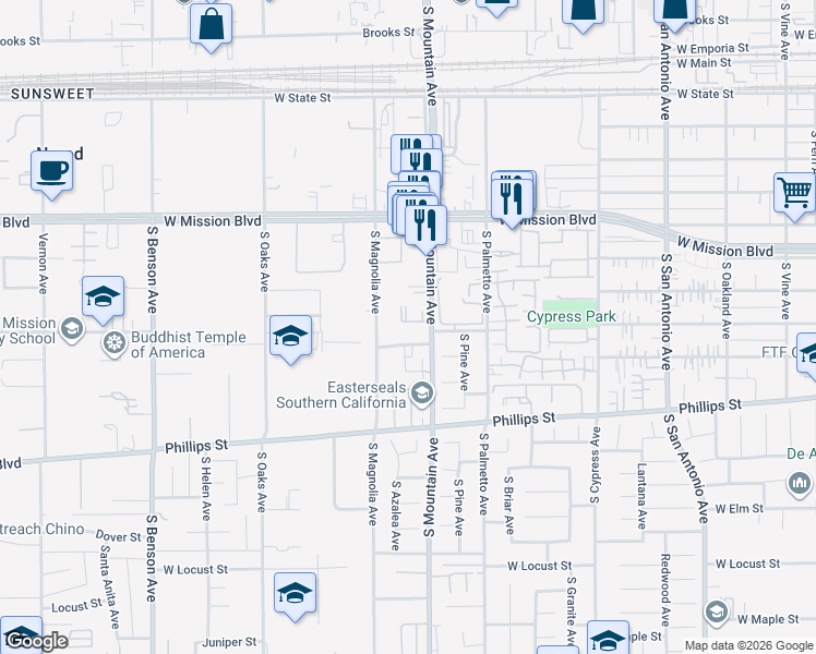 map of restaurants, bars, coffee shops, grocery stores, and more near 1010 South Mountain Avenue in Ontario
