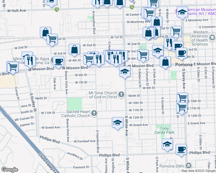 map of restaurants, bars, coffee shops, grocery stores, and more near 1020 West Mission Boulevard in Pomona
