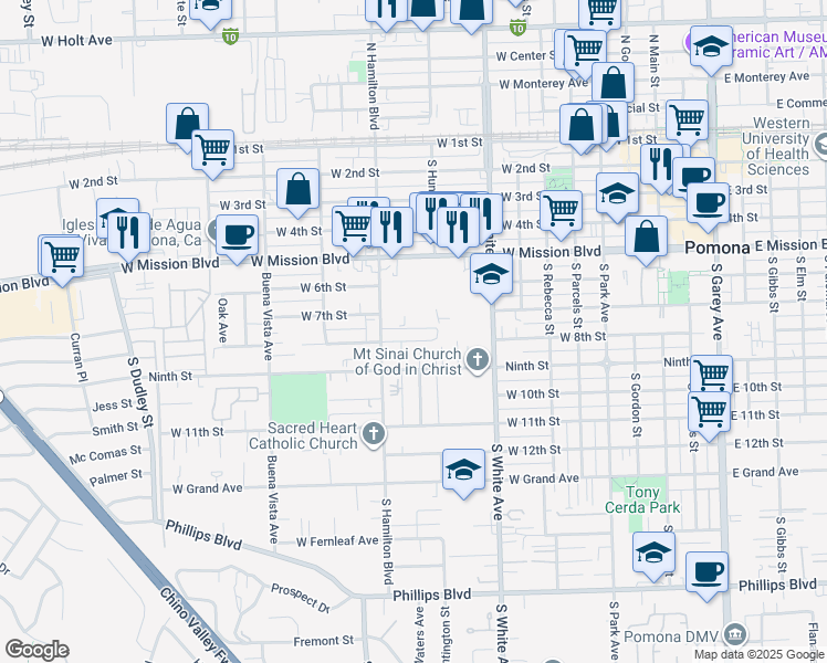 map of restaurants, bars, coffee shops, grocery stores, and more near 1020 West Mission Boulevard in Pomona