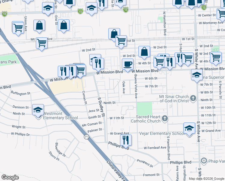 map of restaurants, bars, coffee shops, grocery stores, and more near 1401 West 9th Street in Pomona