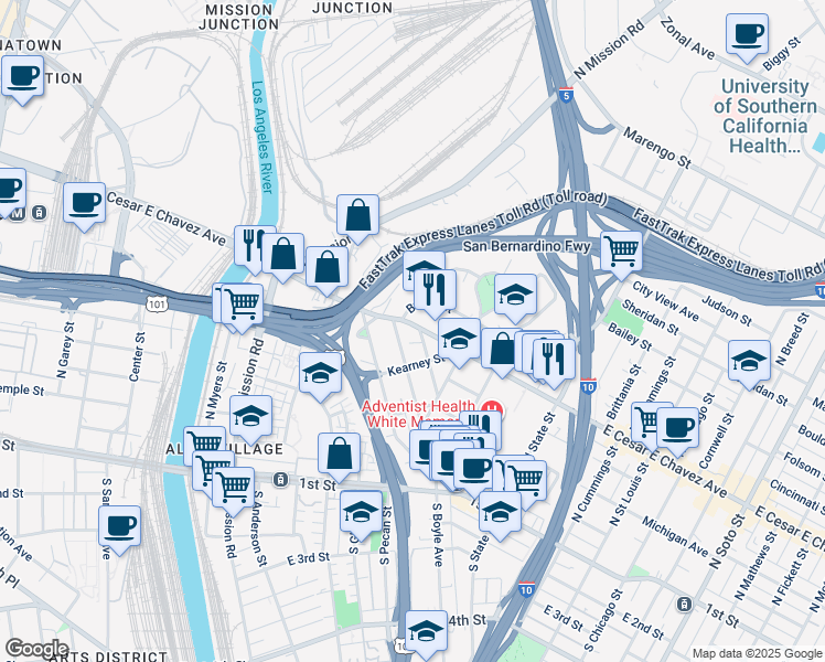 map of restaurants, bars, coffee shops, grocery stores, and more near in Los Angeles