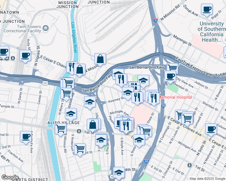 map of restaurants, bars, coffee shops, grocery stores, and more near 1400 Bridge Street in Los Angeles
