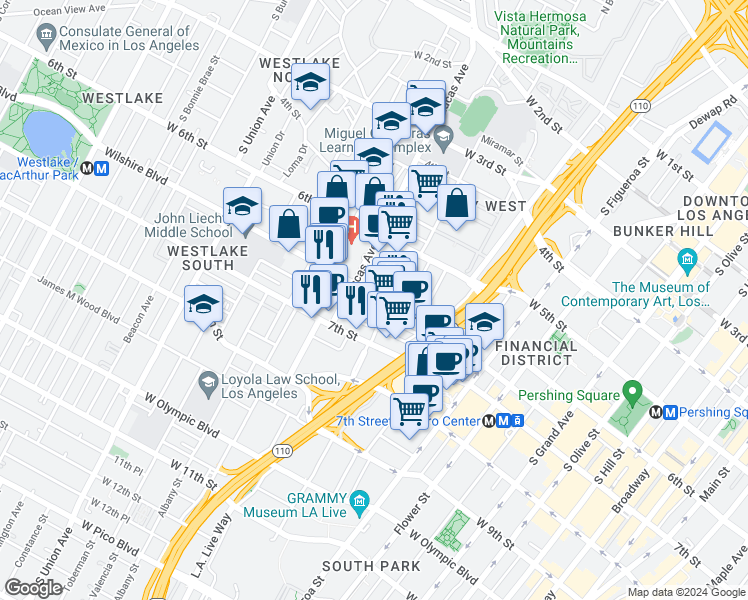 map of restaurants, bars, coffee shops, grocery stores, and more near 1145 Wilshire Boulevard in Los Angeles