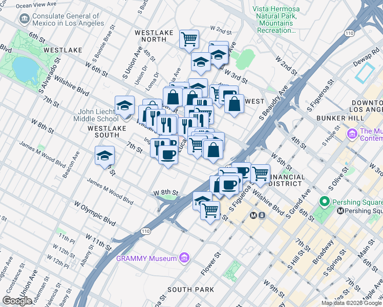 map of restaurants, bars, coffee shops, grocery stores, and more near 1145 Wilshire Boulevard in Los Angeles