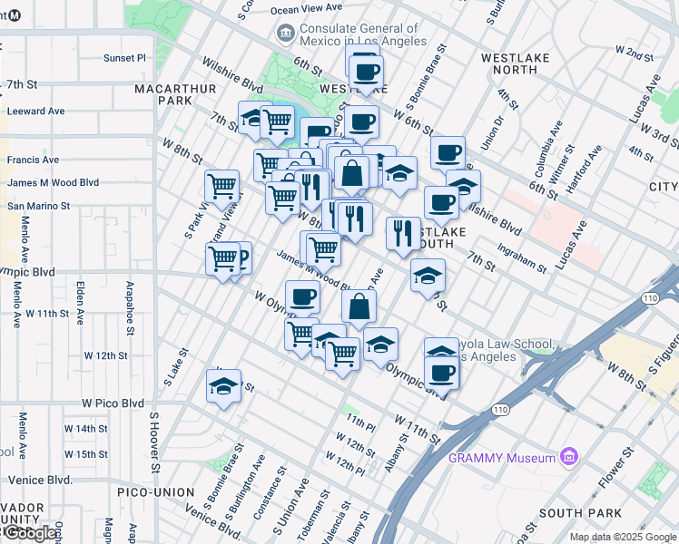 map of restaurants, bars, coffee shops, grocery stores, and more near 817 South Burlington Avenue in Los Angeles